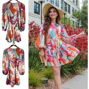 ALEXIS Satin Mini Balloon Sleeve Belted Dress Sz S